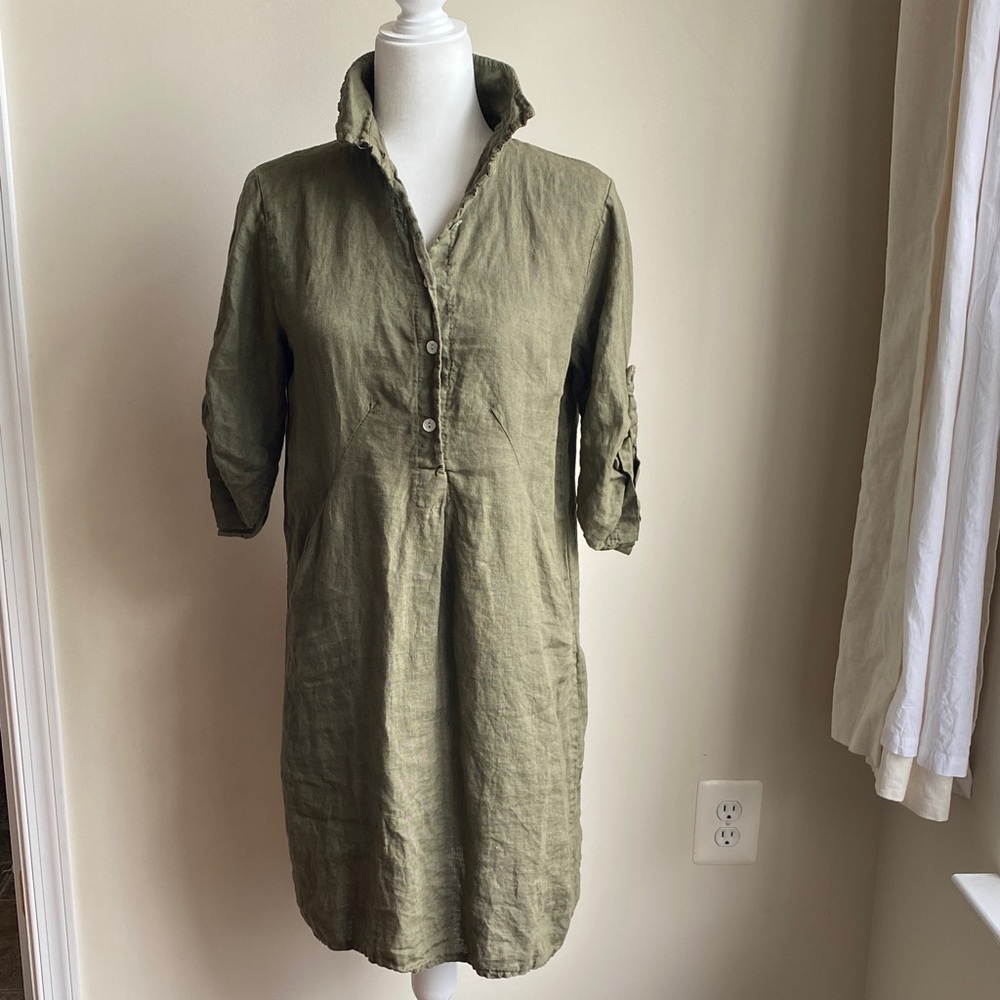 Elena Baldi 100% Linen Collared Button Shirt Dress With Pockets Olive Green